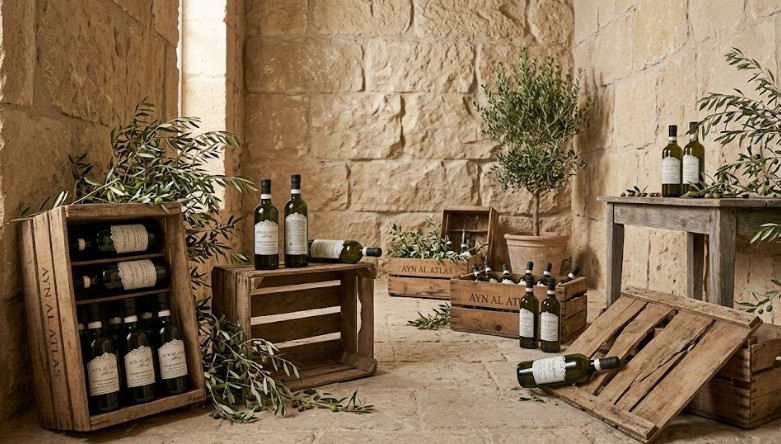 Heritage olive oil crates against stone wall